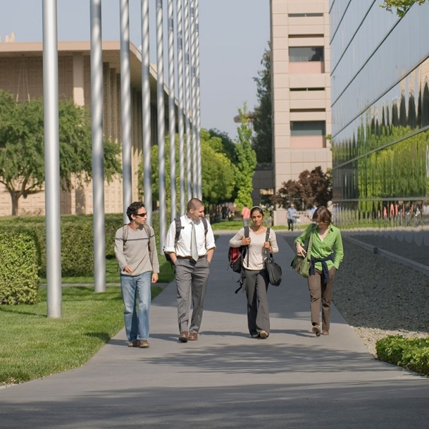 Medical students walking near the CCSR, on Stanford School of Medicine's campus.